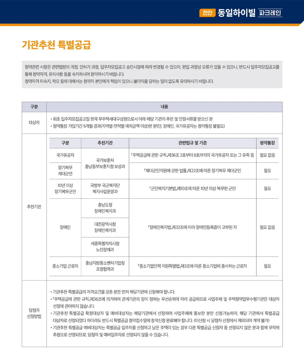 기관추천 특별공급 안내문